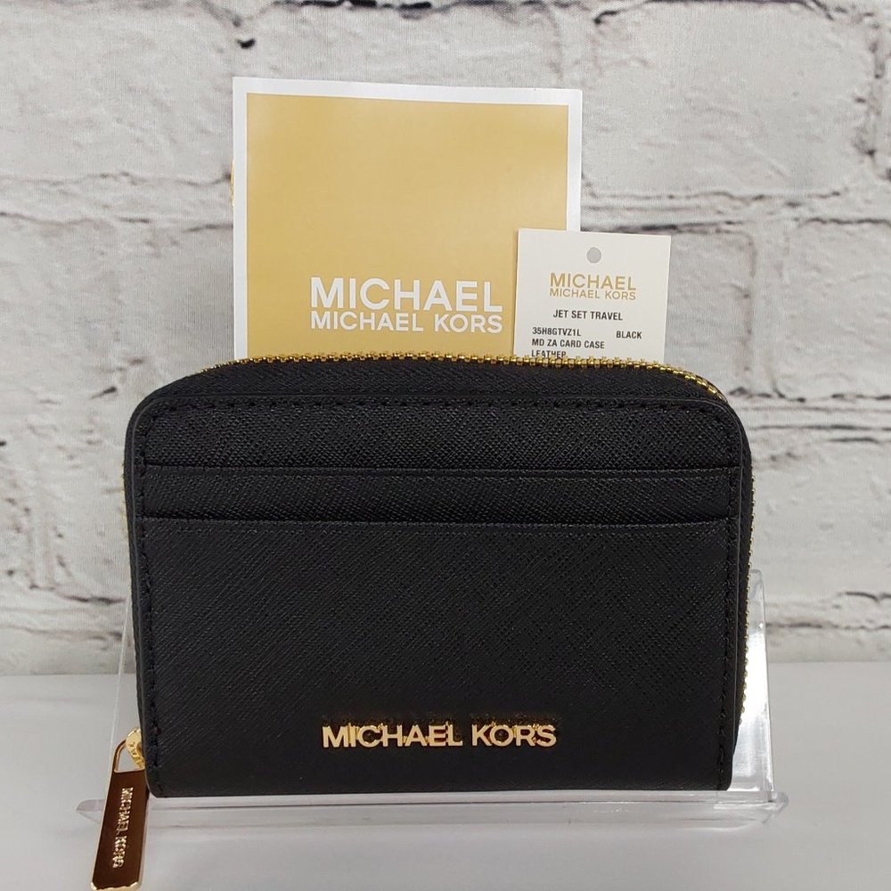 'MICHAEL KORS' JET~SET TRAVEL CARD CASE LEATHER FULL-ZIP MULTIPLE CARD SLOTS NEW